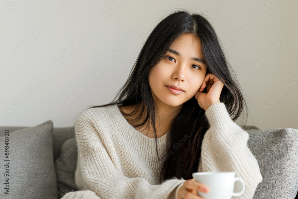 Young Asian woman sitting on a sofa with a cup of coffee, looking relaxed and serene with copy space Young Asian woman sitting on a sofa with a cup of coffee, looking relaxed and serene with copy space