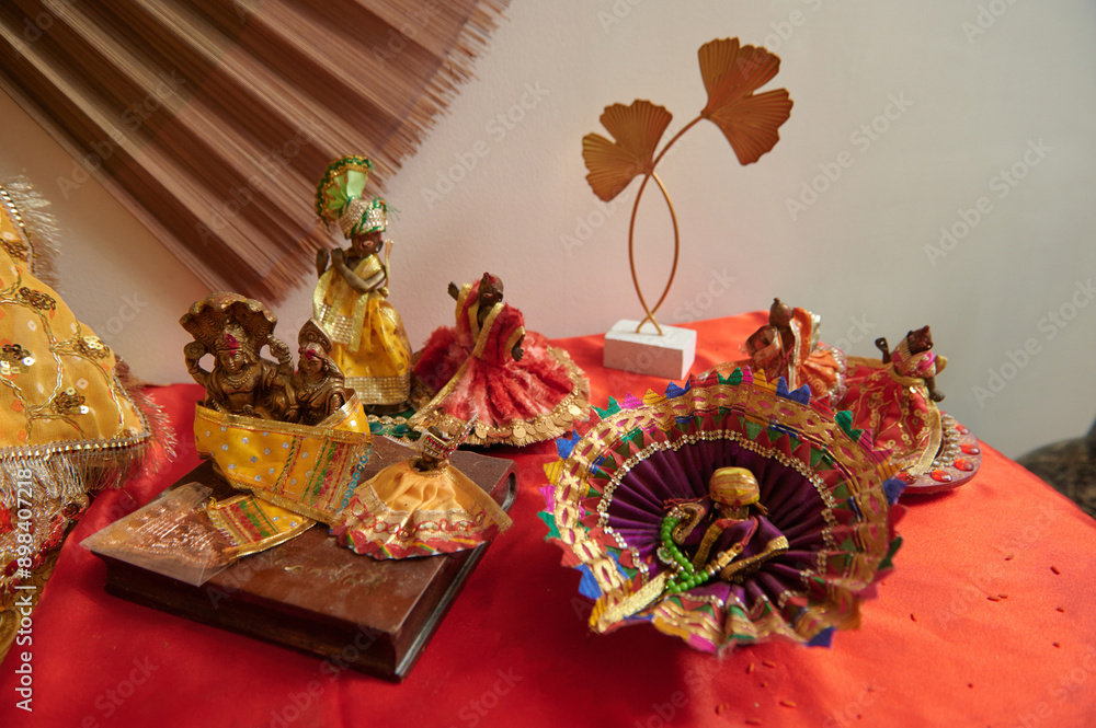 Altar with Indian statues on table arranging at home Altar with Indian statues on table arranging at home