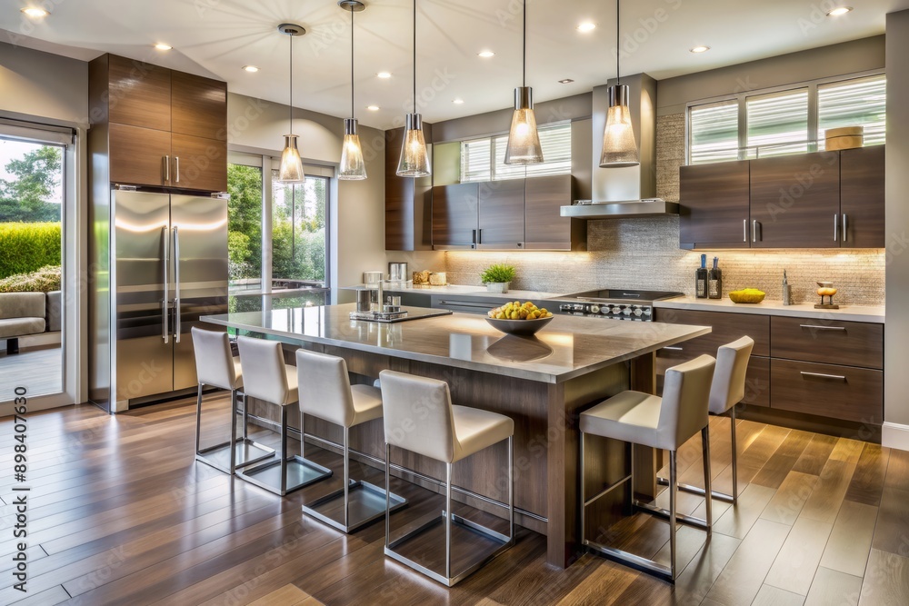 Sleek, high-gloss finishes and stainless steel appliances define this luxurious modern kitchen, featuring a spacious dining island with comfortable chairs and pendant lighting. Sleek, high-gloss finishes and stainless steel appliances define this luxurious modern kitchen, featuring a spacious dining island with comfortable chairs and pendant lighting.