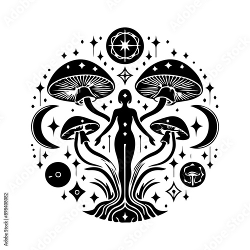 Celestial mystic mushroom with Witchy Frog, moon phases, decorative design elements, moon, witchcraft symbols. Esoteric and witchy objects, tattoo concept, hand drawn clipart 