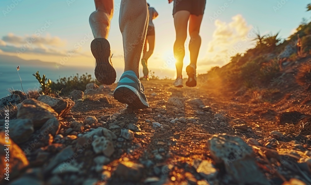 close up legs runner group running on sunrise seaside trail close up legs runner group running on sunrise seaside trail