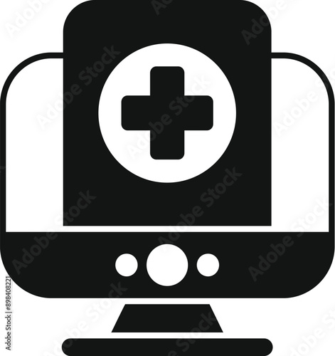 Black glyph icon for online medical consultation showing cross symbol on monitor screen