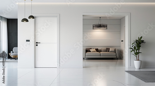 Wallpaper Mural Modern interior design with white walls and doors, minimalistic furniture, pendant lamps, a potted plant, and a sofa with decorative pillows. Torontodigital.ca