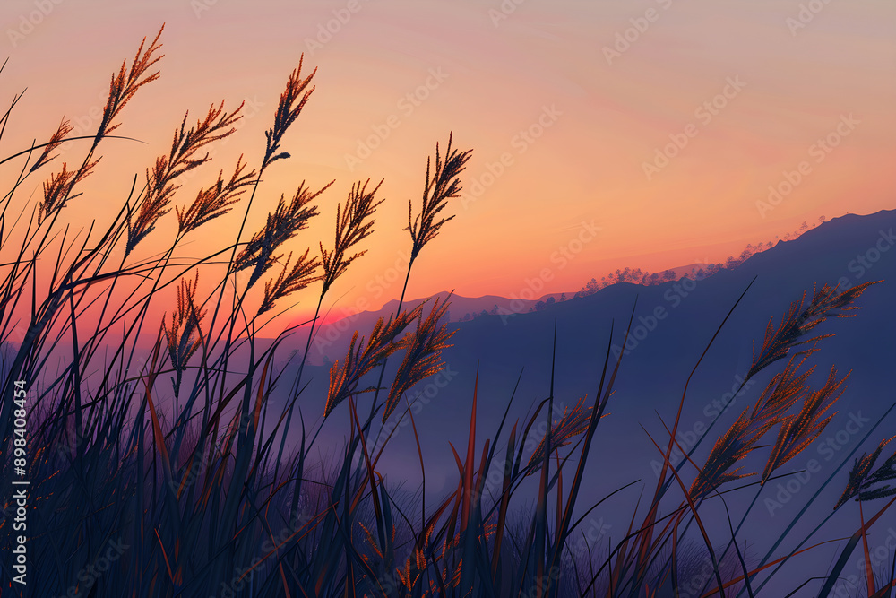Sunset Serenity: Peaceful Silhouettes of Tall Grass Illuminated by a Tranquil Orange Sky