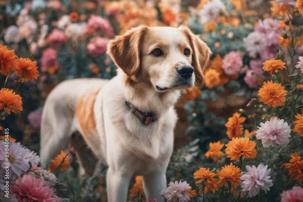 A painting of a dog surrounded by flowers, dog portrait painting. A painting of a dog surrounded by flowers, dog portrait painting.