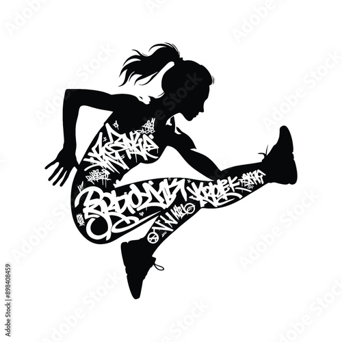 Parkour  female player in graffiti tags, street art pattern illustration, emblem shield badge