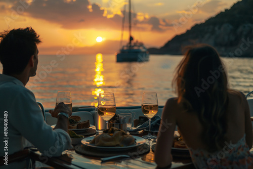 Couple enjoying sunset dinner by the beach