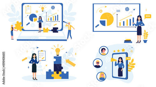Business concept. Team metaphor. People connect puzzle elements. Flat illustration in flat design style. Teamwork, collaboration, partnership. Businessmen working together and moving towards success.