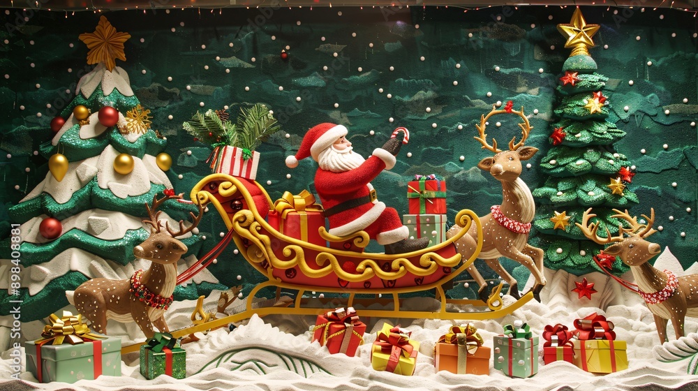 Naklejka premium Santa Claus in a sleigh with reindeer, surrounded by gifts and a Christmas tree, depicted in 3D clay mural wallpaper style