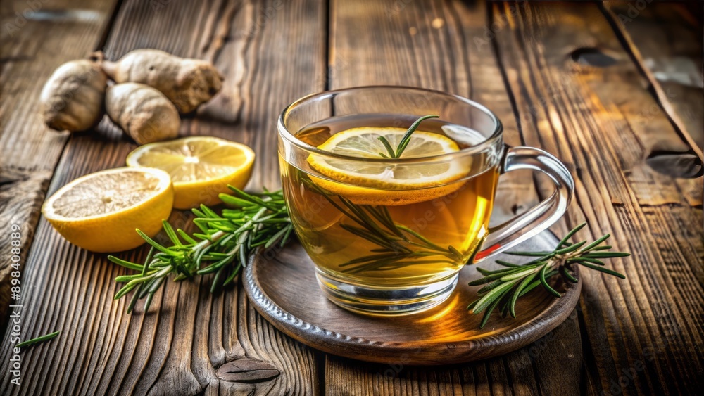 Delicate glass cup filled with soothing tea, garnished with fresh ginger slice, lemon wheel, and fragrant rosemary sprig, on a rustic wooden table setting. Delicate glass cup filled with soothing tea, garnished with fresh ginger slice, lemon wheel, and fragrant rosemary sprig, on a rustic wooden table setting.