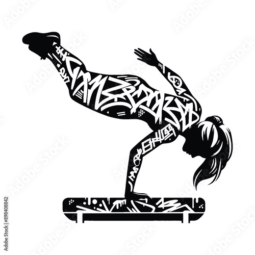 Parkour  female player in graffiti tags, street art pattern illustration, emblem shield badge