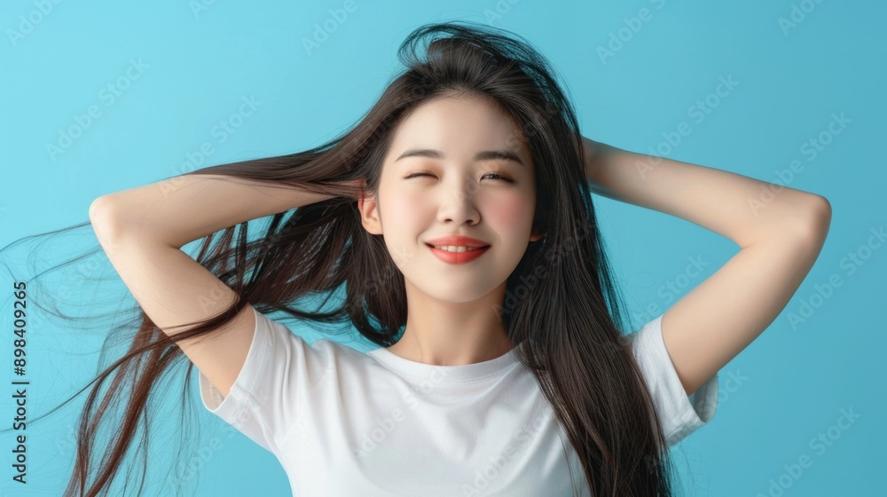 Smiling young woman with her hands on her head, conveying happiness and confidence. Shown against a bright blue background. Smiling young woman with her hands on her head, conveying happiness and confidence. Shown against a bright blue background.