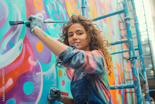 A talented woman painting a vibrant mural on a wall, wearing gloves and overalls, with scaffolding in the background