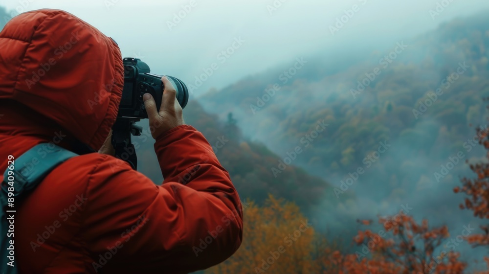 Photographer in red jacket capturing a picturesque autumn scene with fog and mountains Photographer in red jacket capturing a picturesque autumn scene with fog and mountains