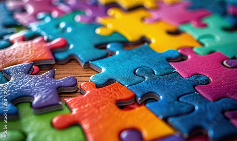 Macro view of Colorful jigsaw puzzle made of pieces of different colors. Child mental game illustration, autistic kids support, creativity pattern connection Macro view of Colorful jigsaw puzzle made of pieces of different colors. Child mental game illustration, autistic kids support, creativity pattern connection