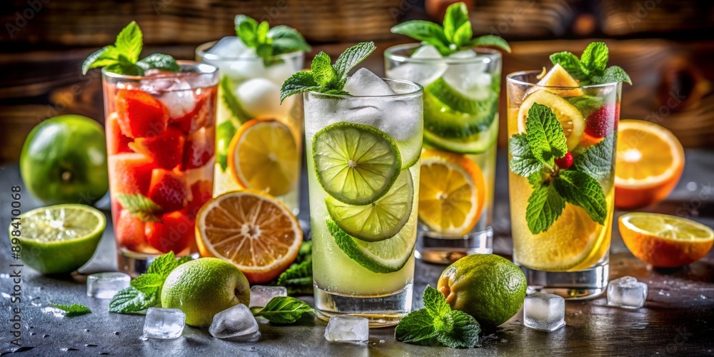 Colorful array of refreshing fruit cocktails blended with spirits, mint, and citrus, garnished with kiwifruit, lemon, and lime, served over ice in tall glasses.