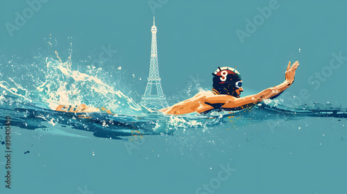 Swimming: A minimalistic illustration of a swimmer in mid-stroke with the Eiffel Tower in the background on a blue background.


 photo