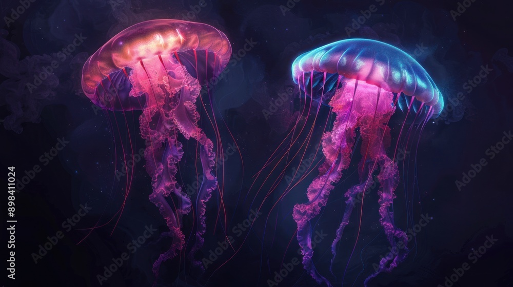 Glowing Jellyfish Duo in the Deep Glowing Jellyfish Duo in the Deep