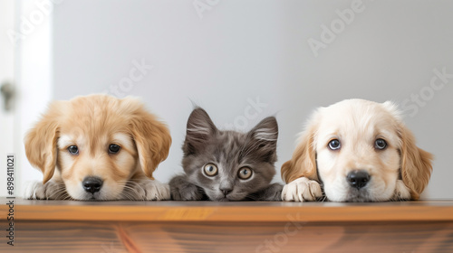 Cute kitten and golden retriever puppies peeking over the edge of an empty table, looking at the camera. A portrait of adorable cats and dogs in front view
