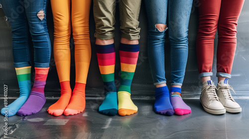 Group of people wearing colorful socks, standing next to each other in a frontal view