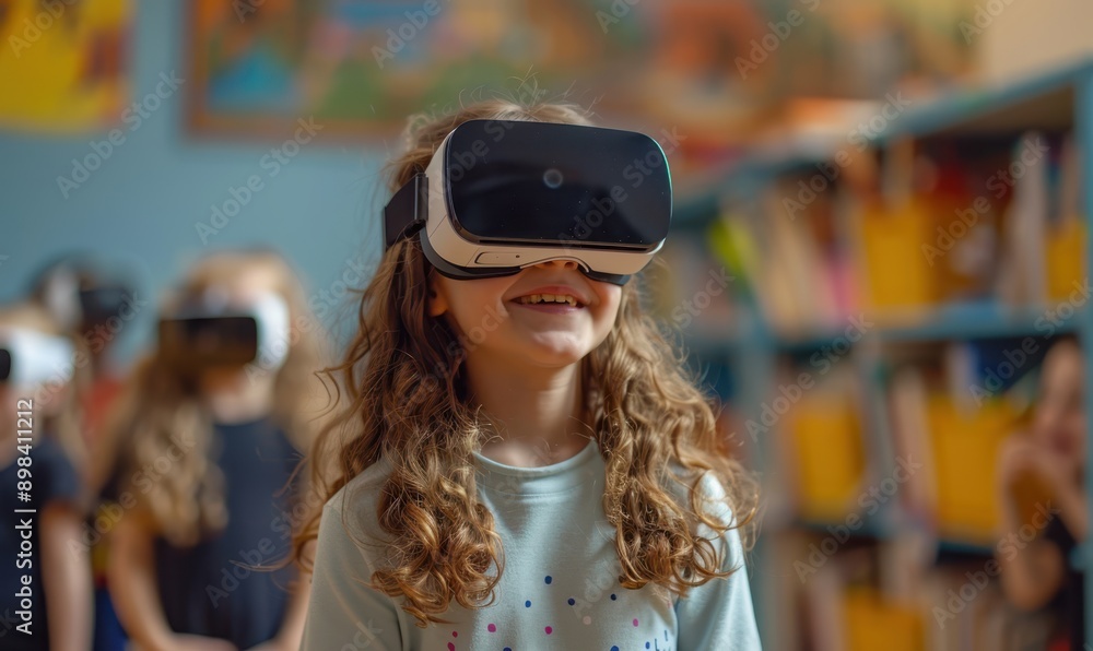 School student with VR headset using AI artificial intelligence technology & machine learning.Interactive technology in classroom. Innovation & smart tech School student with VR headset using AI artificial intelligence technology & machine learning.Interactive technology in classroom. Innovation & smart tech
