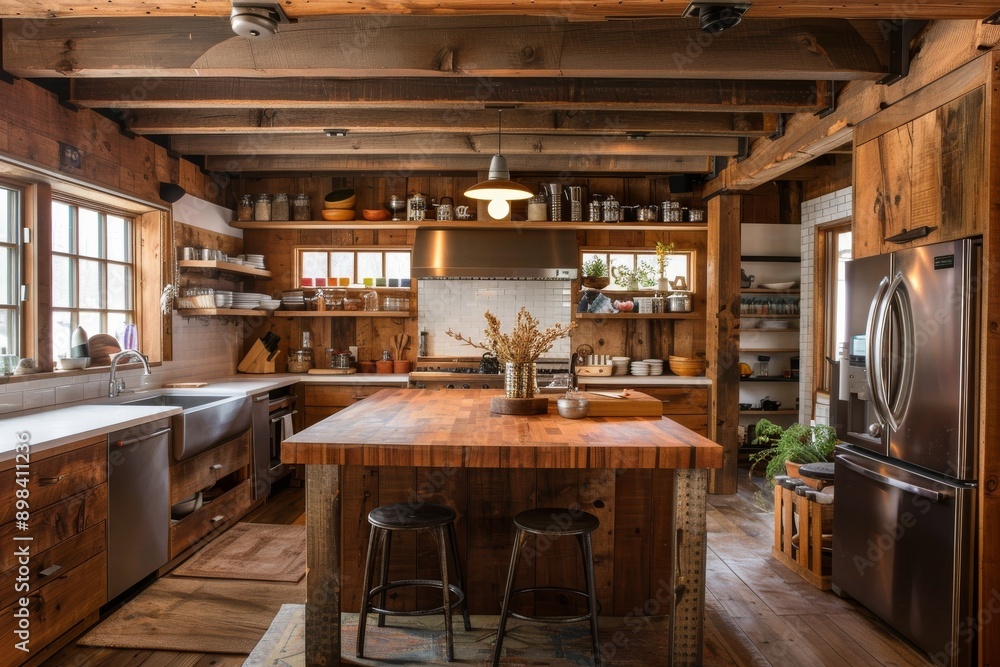 Interior of a rustic kitchen in a country house with wooden walls Interior of a rustic kitchen in a country house with wooden walls