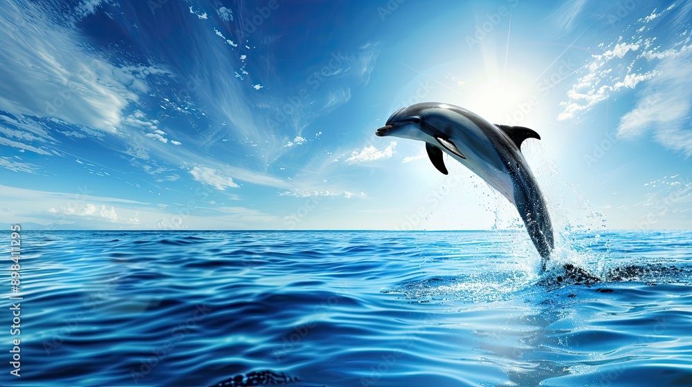 A dolphin leaps high out of the water during a performance in a pool A dolphin leaps high out of the water during a performance in a pool