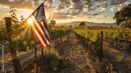 Sun shining through an american flag in a vineyard with lush green vines at sunset