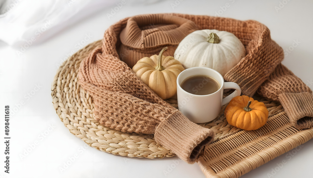 Knitted sweater with coffee cup, decorative pumpkins, rattan tray on white background. Knitted sweater with coffee cup, decorative pumpkins, rattan tray on white background.