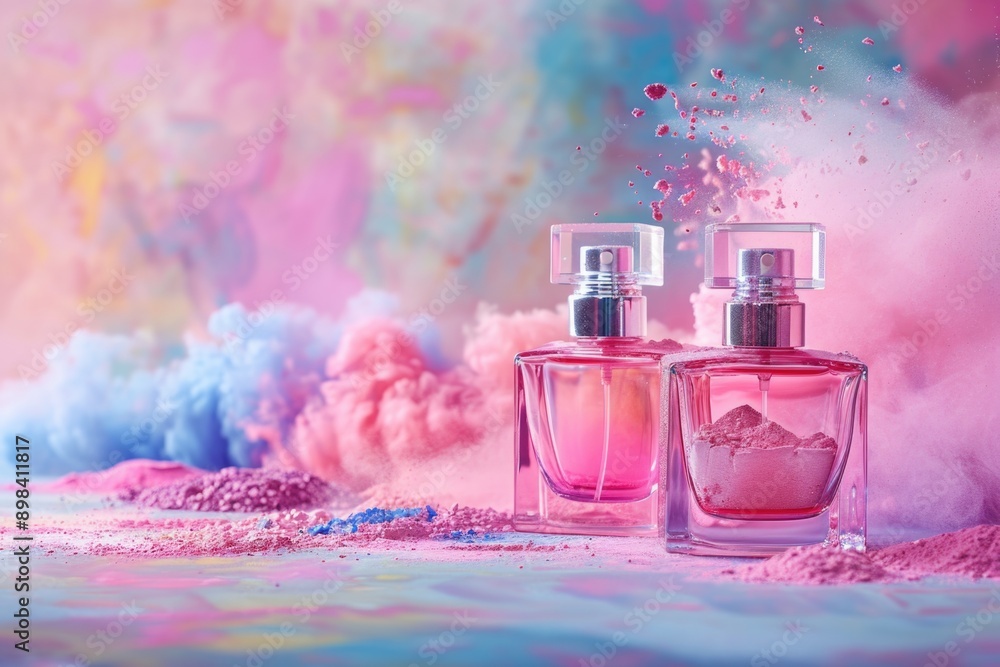 Photo of two glass perfume bottles with pink liquid on a light background Photo of two glass perfume bottles with pink liquid on a light background