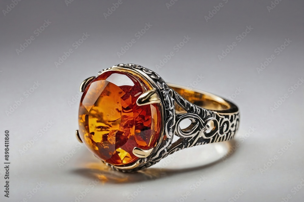 Amber Ring on White Background: An amber ring positioned upright on a plain white background. Amber Ring on White Background: An amber ring positioned upright on a plain white background.