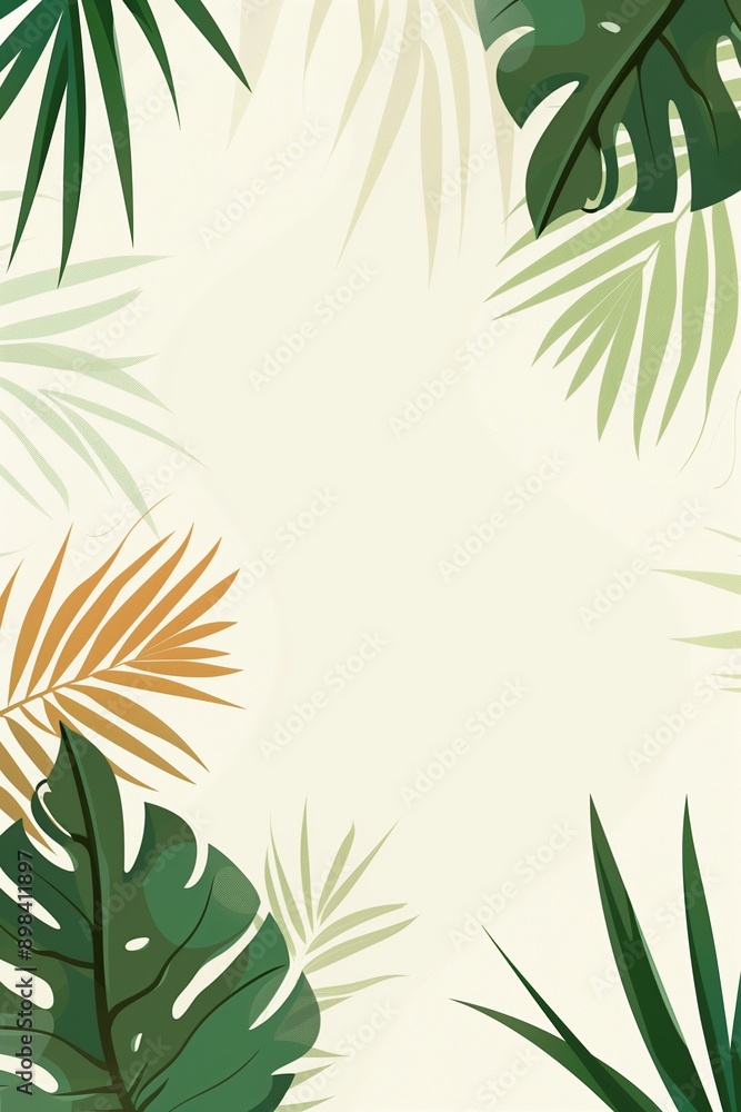 Fototapeta premium Illustration of tropical leaves in mixed green and orange shades forming an eye-catching natural background.