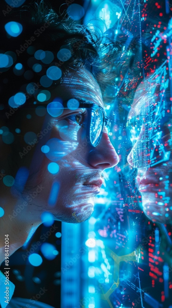 Futuristic profile illuminated by vibrant blue light, surrounded by digital projections and glowing particles, evoking a sense of technological immersion. Futuristic profile illuminated by vibrant blue light, surrounded by digital projections and glowing particles, evoking a sense of technological immersion.