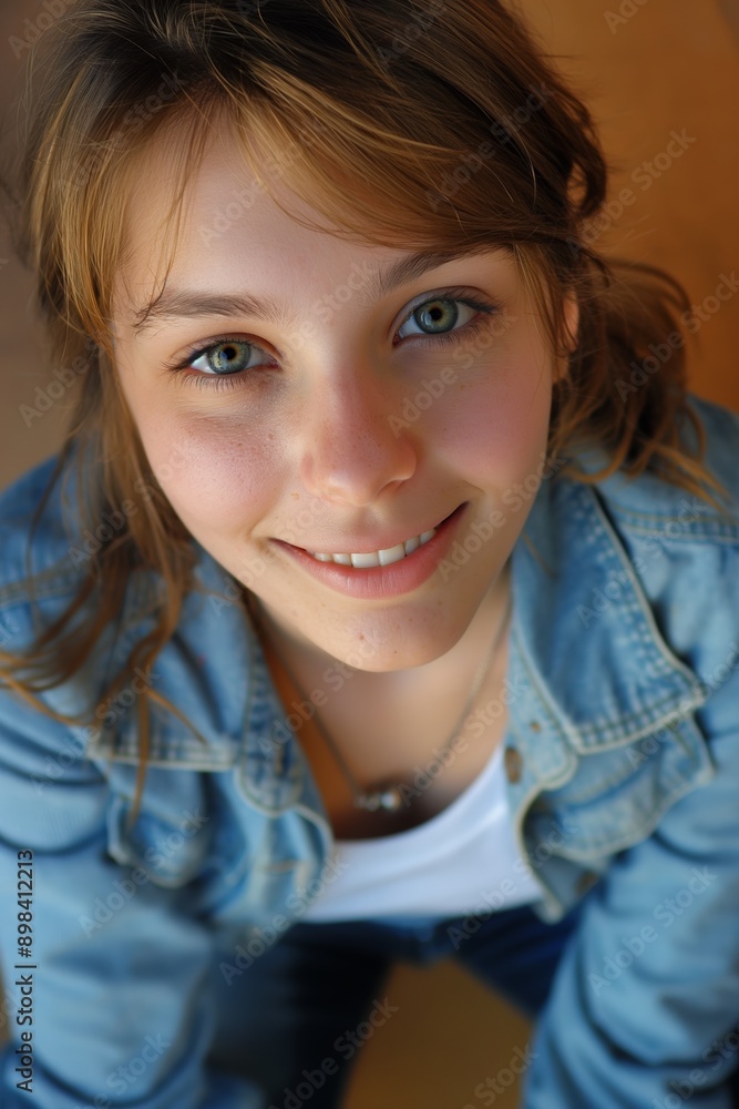 Close-up portrait of a young woman smiling, wearing a denim jacket, with a casual and warm outdoor ambiance. Close-up portrait of a young woman smiling, wearing a denim jacket, with a casual and warm outdoor ambiance.
