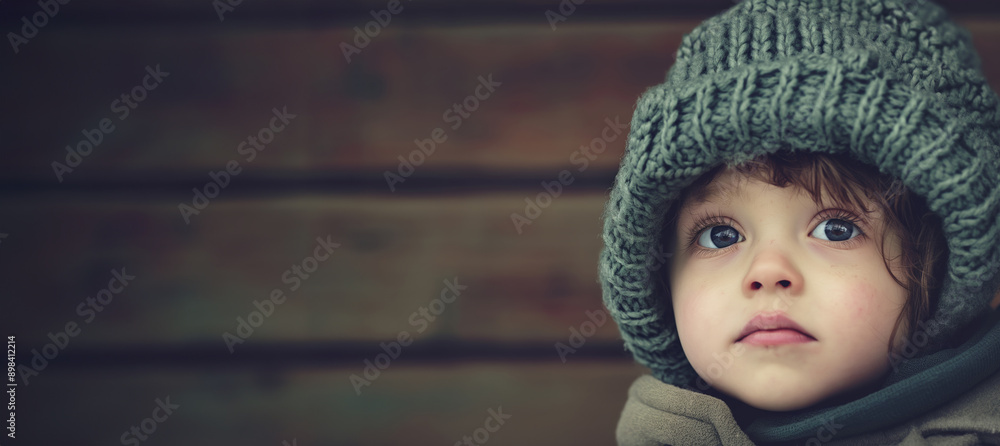 Portrait of a young child wearing a chunky knitted hat, gazing thoughtfully, against a wooden background. Portrait of a young child wearing a chunky knitted hat, gazing thoughtfully, against a wooden background.