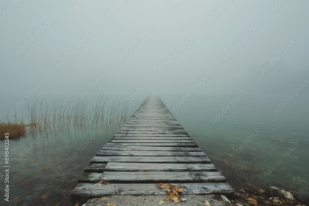 Obraz premium A long, weathered wooden pier extending into a calm, fog-covered lake surrounded by water reeds and a misty atmosphere.