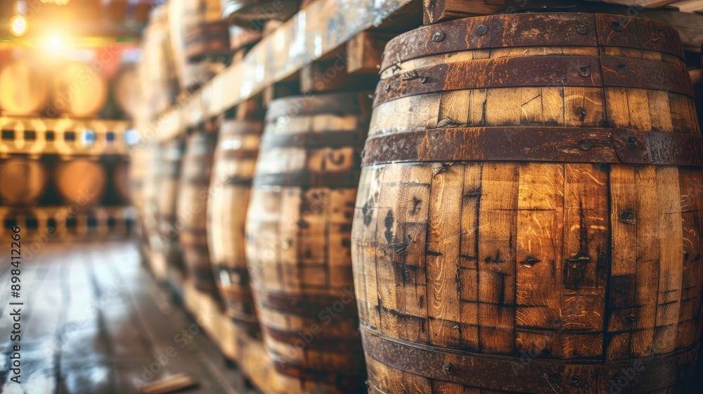 Wooden whiskey barrels stacked in a dimly lit cellar Wooden whiskey barrels stacked in a dimly lit cellar