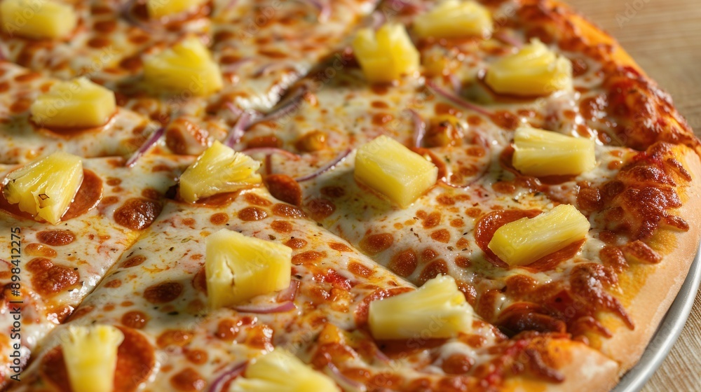 Closeup macro view of fresh pineapple pizza closeup view Closeup macro view of fresh pineapple pizza closeup view