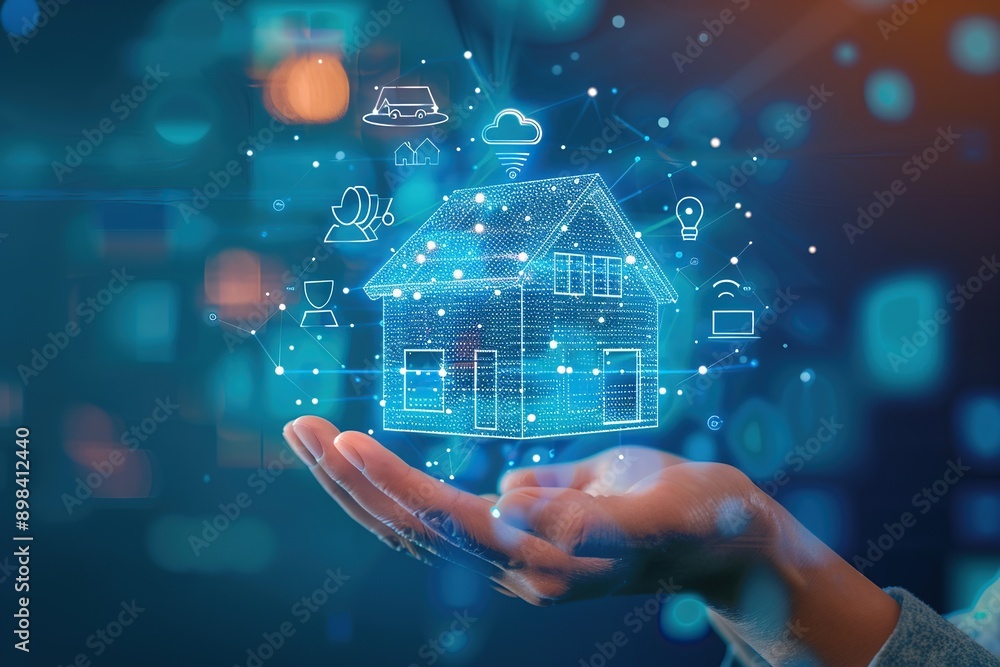 In a dazzling real estate marketing display, the agent presented a holographic house model with sparkling and shining lights. In a dazzling real estate marketing display, the agent presented a holographic house model with sparkling and shining lights.