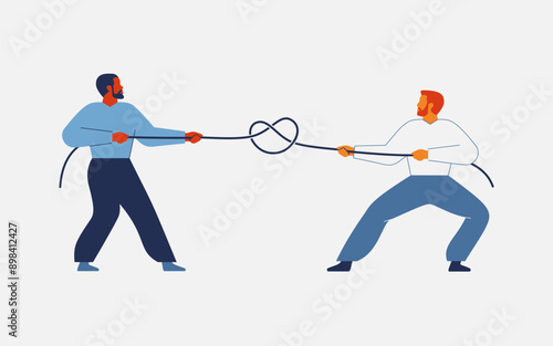 Two men tug of war. Males opponents facing each other pulling the rope. Business rivalry or personal conflicts on workplace. Vector illustration