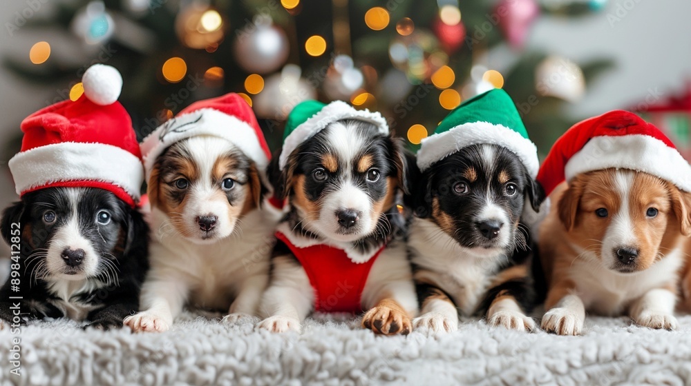 Adorable puppies in festive Santa hats pose together, their cute faces and paws lined up in a row against a backdrop of twinkling Christmas tree lights. Adorable puppies in festive Santa hats pose together, their cute faces and paws lined up in a row against a backdrop of twinkling Christmas tree lights.