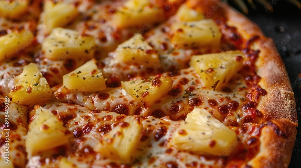 Closeup macro view of fresh pineapple pizza closeup view Closeup macro view of fresh pineapple pizza closeup view