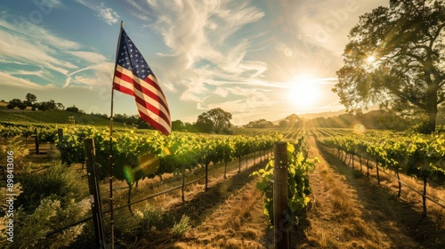 The american flag flutters above a vineyard at sunset, blending nature's beauty with winemaking traditions. Rows of grapevines promise a bountiful harvest in this serene rural scene