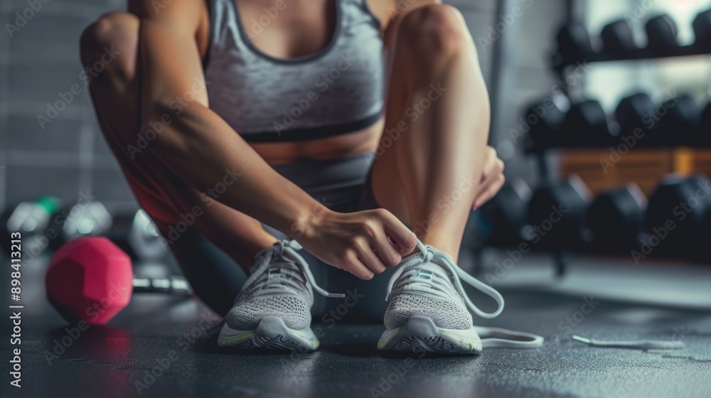 Fototapeta premium Woman tying shoelaces before workout at gym.