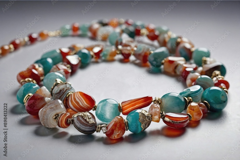 Agate Necklace on Light Gray Background: A statement agate necklace arranged in a gentle curve on a light gray background. Agate Necklace on Light Gray Background: A statement agate necklace arranged in a gentle curve on a light gray background.