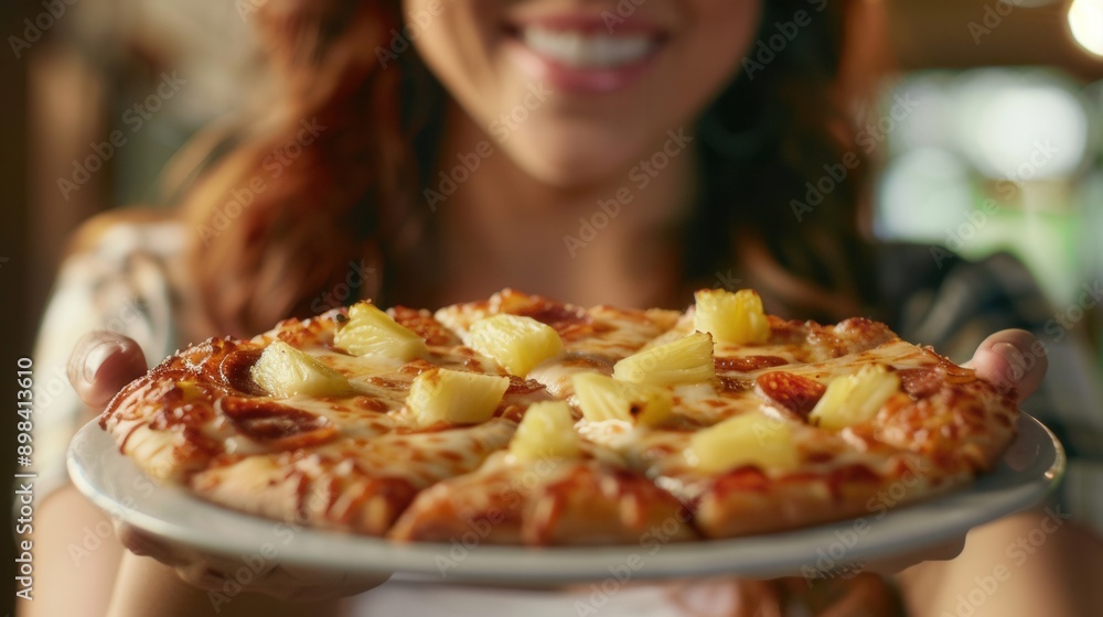 Smiling female and pineapple pizza. Smiling female and pineapple pizza.