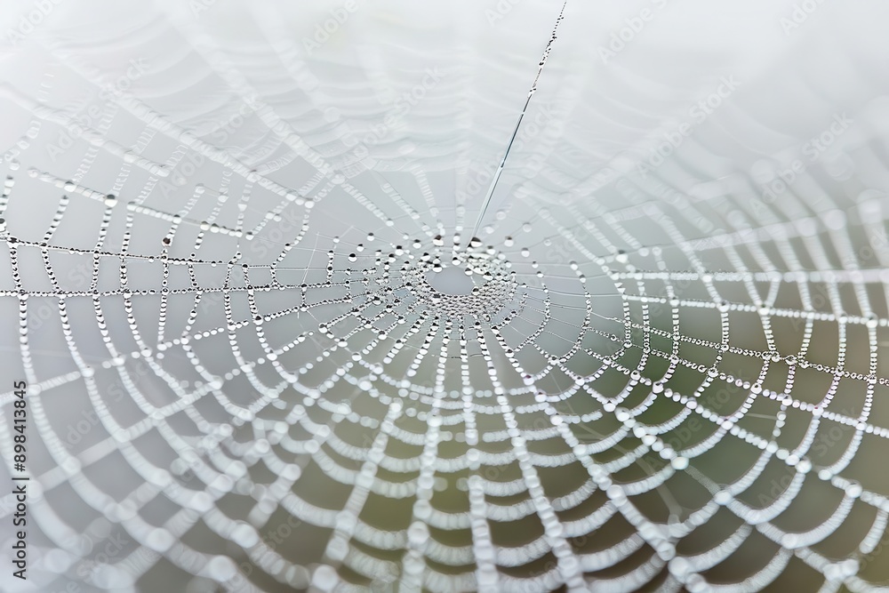 Obraz premium Extreme closeup of a spider web glistening with dew, showcasing the intricate threads and delicate patterns
