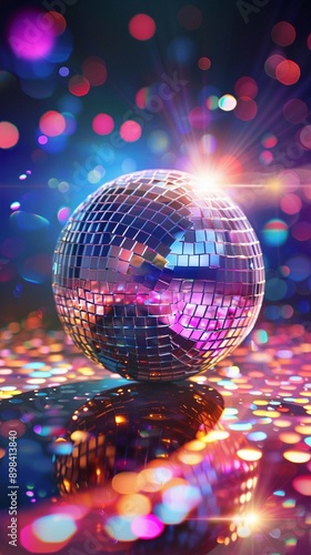 Dazzling disco ball reflects vibrant lights, creating a mesmerizing kaleidoscope of colors on the dance floor. Party atmosphere comes alive with glittering energy. photo