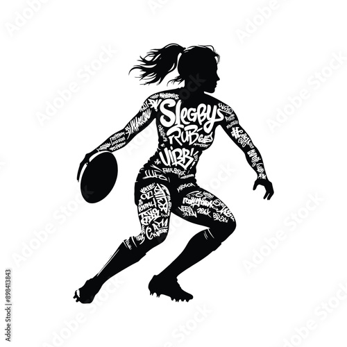 Rugby  female player in graffiti tags, street art pattern illustration, emblem shield badge