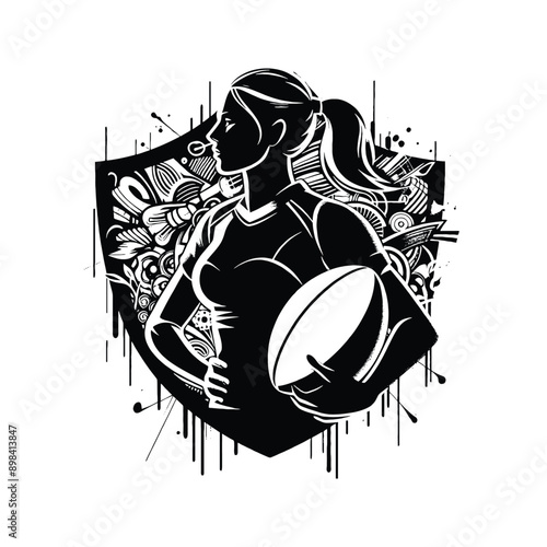 Rugby  female player in graffiti tags, street art pattern illustration, emblem shield badge